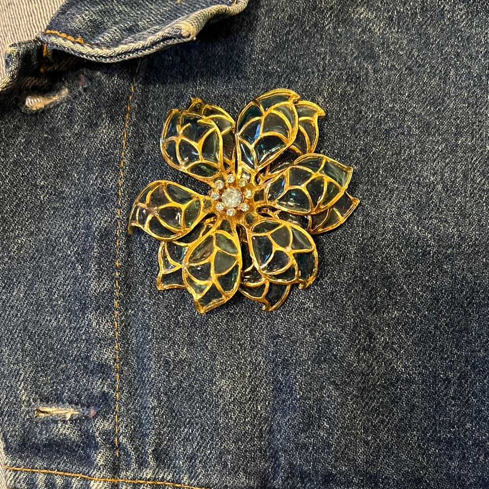 Gold and Blue Floral Brooch